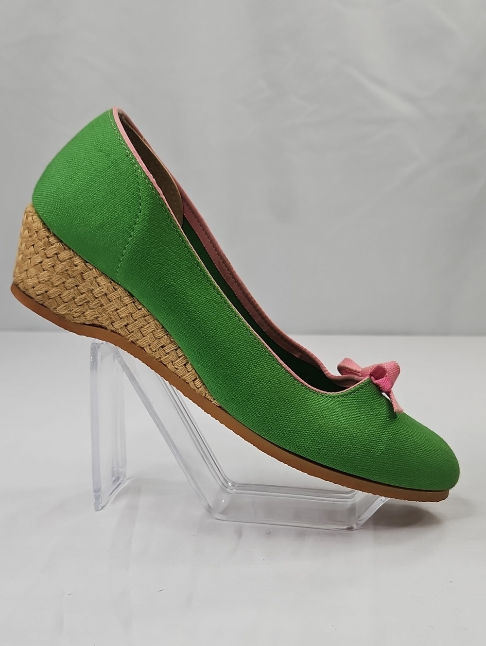 Vintage Green Canvas Wedge Pump with Pink Trim and Bow Size 7